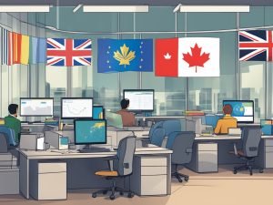 A bustling office setting with computer workstations, data charts, and international flags representing diverse foreign data analysts in Canada