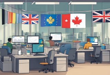 A bustling office setting with computer workstations, data charts, and international flags representing diverse foreign data analysts in Canada